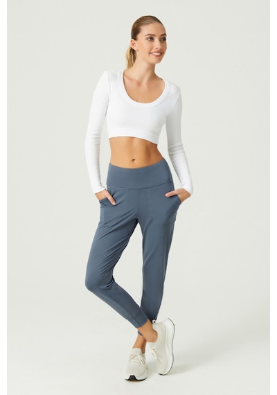 Los Ojos X Melodi Beyaz Pamuklu Fitilli Uzun Kollu Crop Spor Bluz Long Sleeve Beyaz