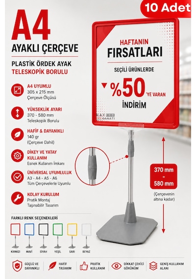 10 Adet - A4 Ayaklı Fiyat Etiketlik Teleskopik Borulu Çerçeve Etiketlik Yönlendirme Levhası Menü Panosu Kırmızı