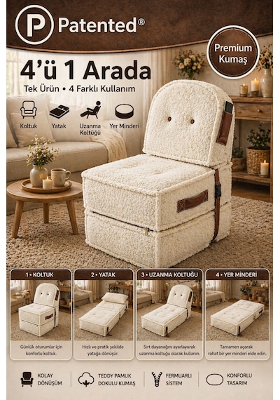 Viscolog Comfy Premium Teddy Kumaşlı Fermuarlı Modüler Çocuk Koltuğu Aktivite Ve Yer Minderi Seti 50x50 70cm Krem
