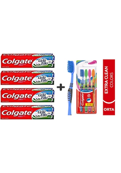 Colgate Diş Macunu Üçlü Etki 100 Ml X 4 Adet + Extra Clean Colors Diş Fırçası 3+1 Beyazlık