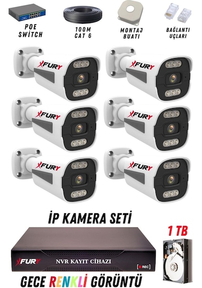 Fury 6 Kameralı Ip Güvenlik Kamerası Seti 4mp Gece Renkli Su Geçirmez 1506 1tb