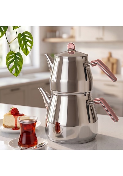 Porsima 1027-1 Prizma Bakalit Metal Kulp Mega Boy Paslanmaz Çelik Çaydanlık Takımı Rose - 2,20-4 Lt