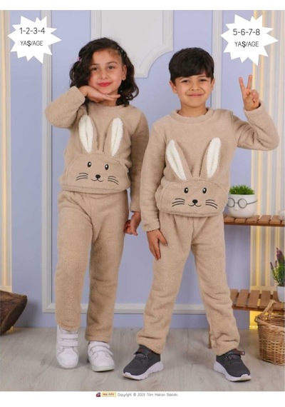 Aden Kids Kahverengi Tavşan Desenli Peluş Çocuk Alt-üst Takım
