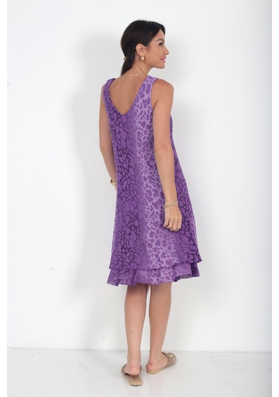 By Saygı Kadın İtalyan Cotton Leopar Desenli Astarlı Sıfır Kol Midi Elbise Mor