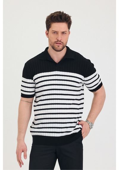 Cool Tarz Erkek Polo Yaka Beyaz Çizgi Detaylı Siyah Triko T-shirt Siyah Siyah