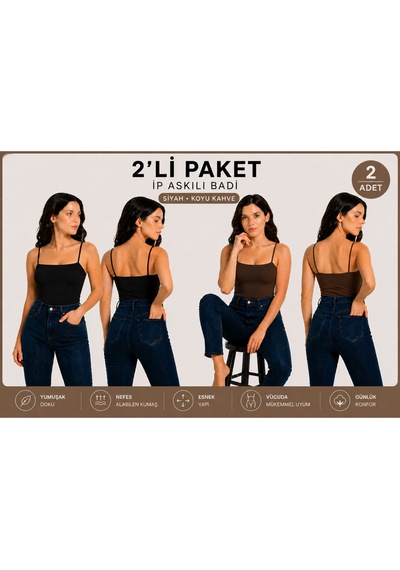 İngegno Body İp Askılı Standart Boy Viskon Ring Örme Kumaş Kadın Body 2 Li Paket Kahverengi - Siyah
