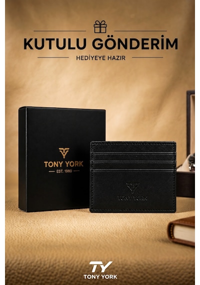 Tony York Orijinal Unisex Süper Slim Özel Kutulu 6 Kredi Kartlı 1 Para Bölmeli İnce Lüks Yumuşak Deri Kartlık siyah
