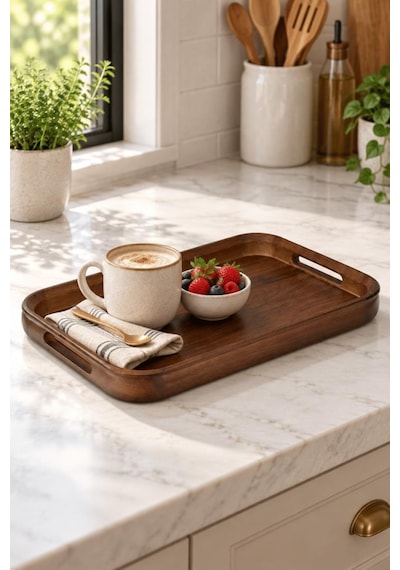 Atbyhome Akasya Ahşap Kulplu Servis Tepsisi 38x24x4 Cm - Dikdörtgen Kahvaltı Ve Kahve Sunum Tepsisi