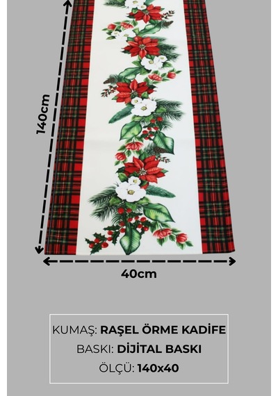 Masa Örtüsü Runner Yılbaşı Temalı Çiçek Desenli 140x40 Raşel Örme Kadife Dijital Baskı Çok Renkli