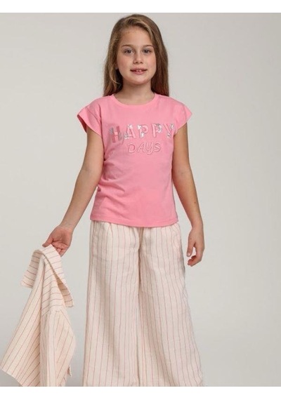 Escabel Kız Çocuk Pamuklu Happy Pul İşlemeli Tshirt-15637 Pembe