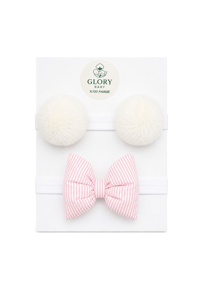 Kız Bebek Fiyonklu & Ponponlu Bandana - Saç Bandı 2'li Set Ekru - Pembe Çizgili Ekru - Pembe Çizgili