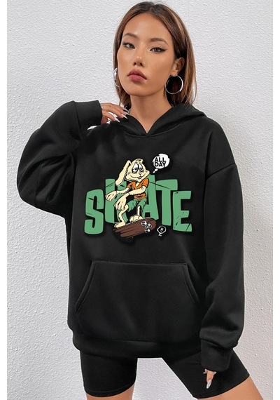 Uyguntarz Unisex All Day Rabbit Baskılı Sweatshirt siyah