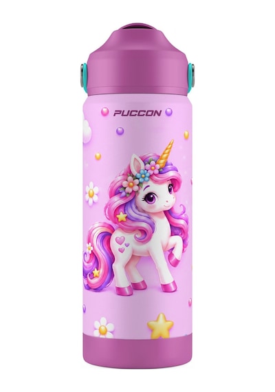 Puccon 540 Ml Sevimli Unicorn Baskılı Pembe - Mor Kız Çocuk Pipetli Çelik Termos Matara/suluk - 60048