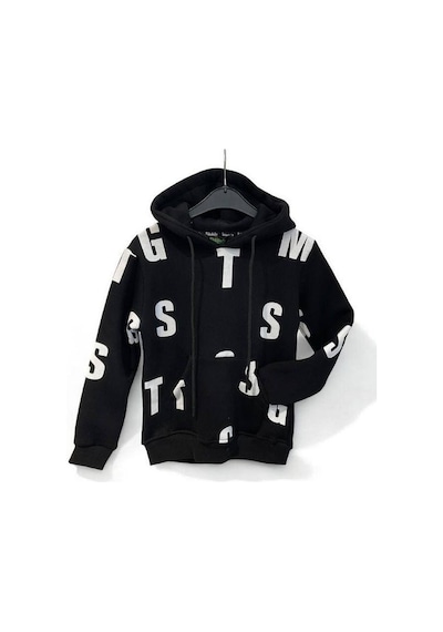Ekkokids Çocuk Harf Baskılı Şardonlu Kapuşonlu Sweatshirt-15195 Siyah