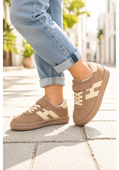Unisex Çoçuk Süet Günlük Kullanım Cırtlı Sneakers Vizon