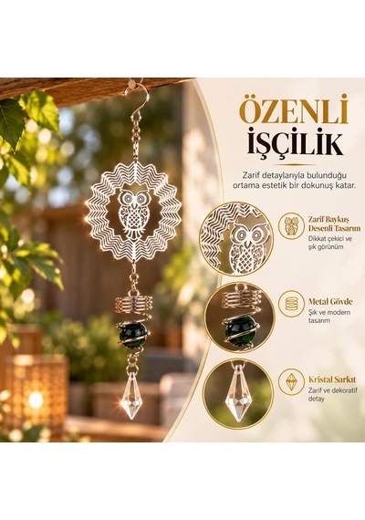 Baykuş Desenli Dekoratif Rüzgar Çanı 36 Cm Metal Gövdeli Kristal Sarkıtlı Balkon Bahçe Pencere Süsü