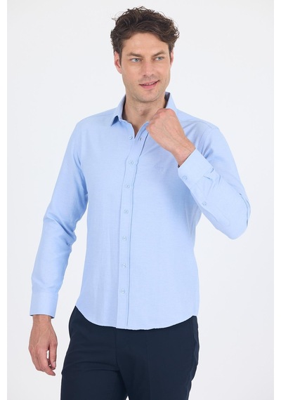 İmza Mavi Sert Yaka Düz Classic Pamuklu Slim Fit Gömlek 1004250214 Mavi