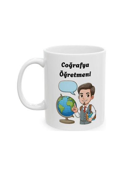 Erkek Coğrafya Öğretmeni Hediyelik Baskılı Porselen Beyaz Lüks Kupa Bardak Beyaz