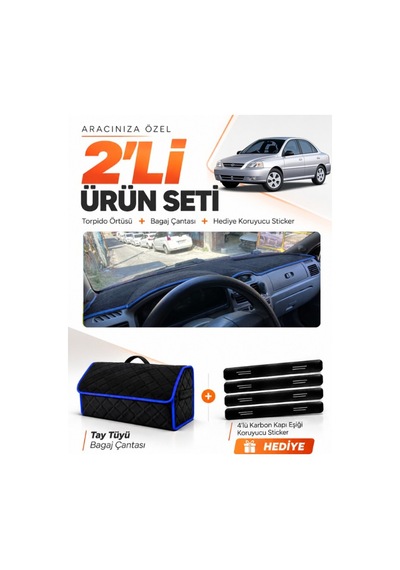 Kia Rio 2000-2005 Uyumlu Torpido Örtüsü + Tay Tüyü Bagaj Çantası + Sticker Seti - Siyah Mavi