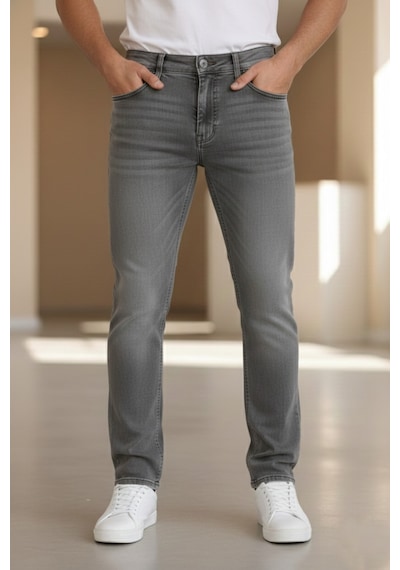 Bürke Premium Gri Renk Regular Fit Esnek Likralı Jeans Kot Pantolon
