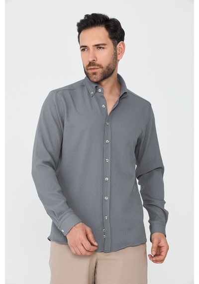 White Stone Gri Mikro Desenli Dynamic Fit Uzun Kollu Gömlek