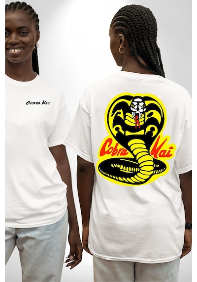 Cobra Kai Karete Çocuk Yılan Logo Dizi Beyaz Oversize Unisex Ön Ve Sırt Baskılı Tişört Beyaz