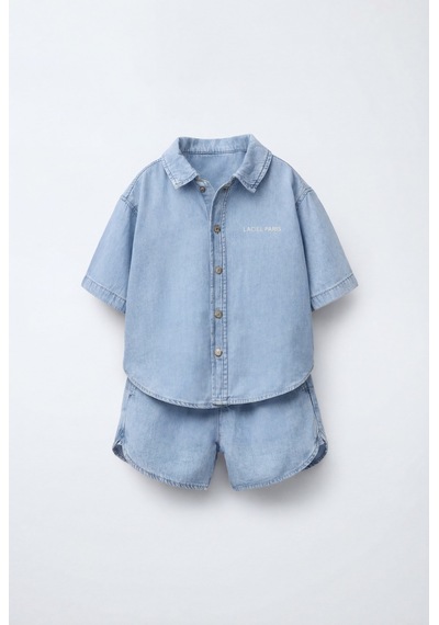 Magu Erkek Çocuk Oversize Denim Mavi Gömlek Şort Takım - Yazlık İkili Takım Mavi