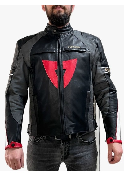 Venom D1 Motosiklet Montu Deri 4 Mevsim Leather Racing Mont Siyah-kırmızı