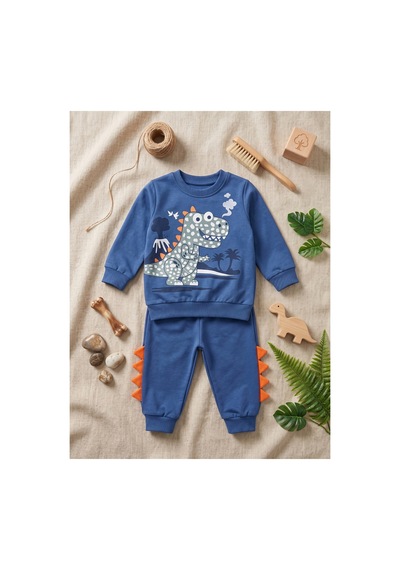 Deniva Kids Erkek Çocuk Pamuklu Dinozor Baskılı Ve 3d Sırt Detaylı 2'li Sweatshirt Eşofman Alt Üst Takım İndigo Deniva Kids Erkek Çocuk Pamuklu Dinozor Baskılı Ve 3d Sırt Detaylı 2'li Sweatshirt Eşofman Alt Üst Takım İndigo
