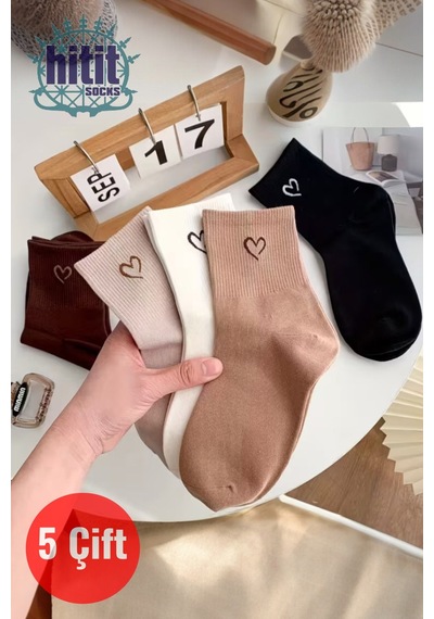 Hitit Socks Kadın 5 Çift Premium Kalite Mini Kalp Desenli Günlük Kullanım Sevimli Kolej Çorabı Çok Renkli
