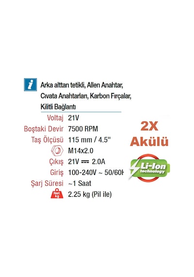 Vıdo Wd040520210 Profesyonel 115 MM Akülü Kömürsüz Motor 21 Volt Lion Avuç Taşlama Makinesi