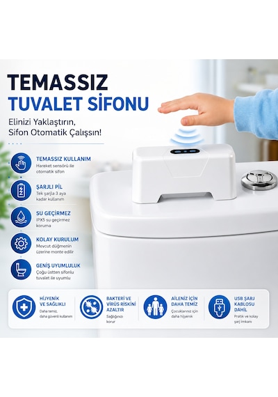 Hpytech Temassız Otomatik Tuvalet Sifonu Şarjlı Hareket Sensörlü Usb Şarjlı Ipx5 Su Geçirmez Üstten Basmalı Rezervuar Uyumlu Beyaz