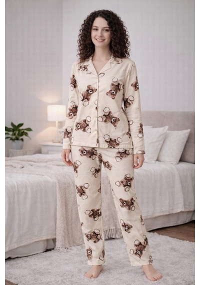 Pemilo Kadın 0519 Uzun Kol Süet Pijama Takımı Bej
