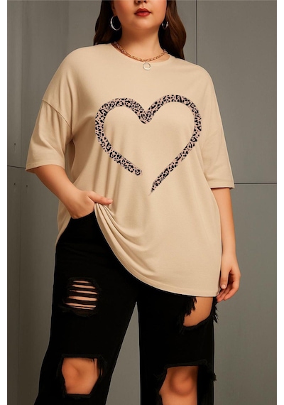 Love Kadın Büyük Beden Battal Baskılı Bisiklet Yaka Pamuklu T-shirt Rahat Kesim Unisex Sevgili Kombini Taş Rengi