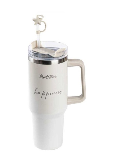 Tantitoni Açık Kahve Desenli Paslanmaz Çelik Pipetli Termos Bardak 1,2 Litre Krem