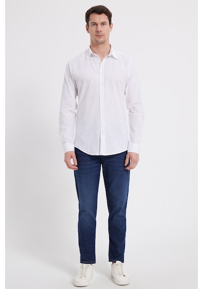 Tudors Erkek Slim Fit Dar Kesim Uzun Kollu %100 Pamuk Keten Doku Çizgili Gömlek-42651 Beyaz