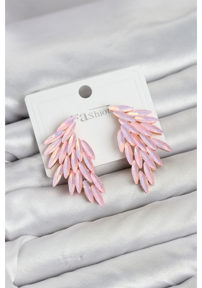 Pembe Renk Kristal Taşlı Kanat Küpe Altın