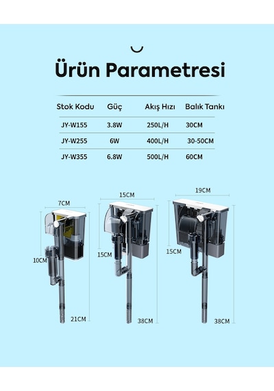 Jingye Jy-w255 Askı Şelale Akvaryum Filtresi 6w 400l/h Sessiz, Pratik, Dengeli Su Sirkülasyonu