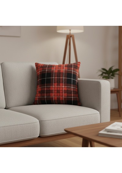 4 Lü Peluş Ekose Desenli Kırlent Kılıfı Dekoratif Ev Tekstili 45x45 Cm Ekose