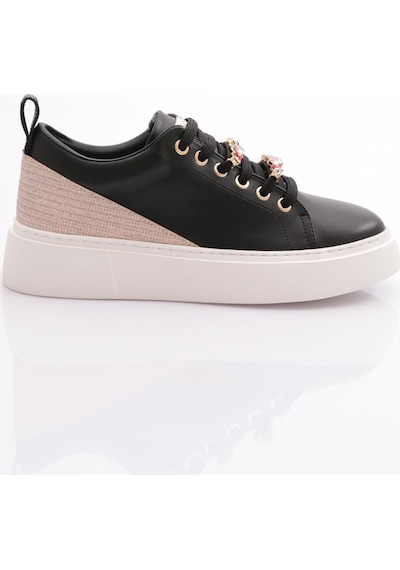 Dgn Es863 Kadin Kalin Renkli Kristal Taşli Sneakers Ayakkabi ES863-2007-R12593 Siyah - Beyaz