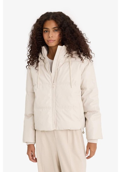 Defacto Regular Fit Kapüşonlu Polar Astarlı Suni Deri Mont F2142ax25wner128 Ekru-er128