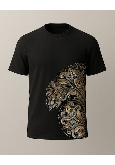Yandan Baskılı Etnik T-shirt Siyah