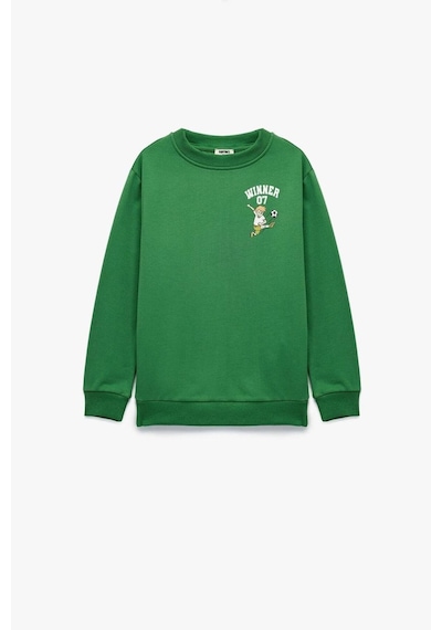 Koton Erkek Çocuk Pamuklu Uzun Kollu Bisiklet Yaka Baskılı Şardonlu Sweatshirt Yeşil
