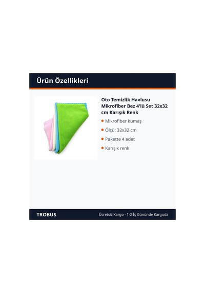 Trobus Oto Temizlik Havlusu Mikrofiber Bez 4'lü Set 32x32 Cm Karışık Renk