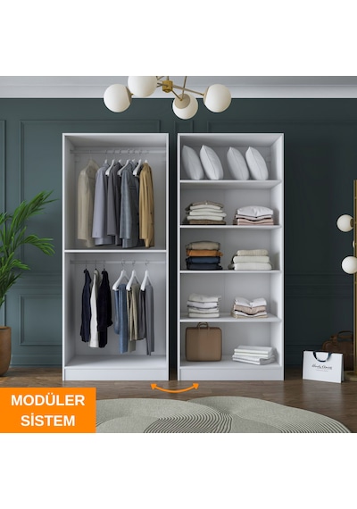 Rani Ba156 Geniş Gardırop Elbise Dolabı 4 Kapaklı 5 Raflı 2 Askılı Modüler Dolap Beyaz