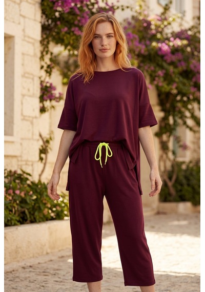 Soulshae Kadın Viskon Bisiklet Yaka Kısa Kollu Asimetrik Takım Bordo