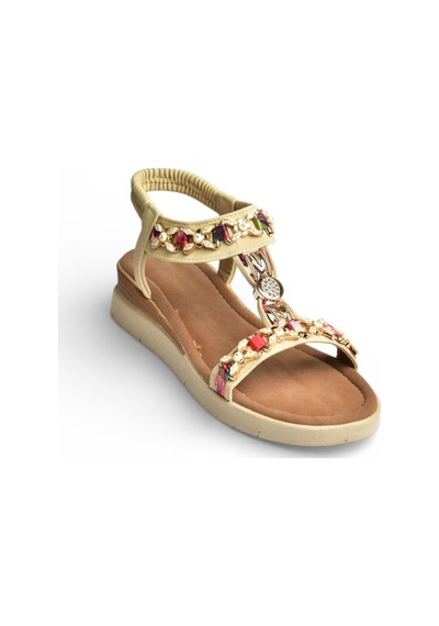 Fox Shoes Y274801409 Bej Düz Tabanlı Renkli Taş Detaylı Kadın Sandalet Bej