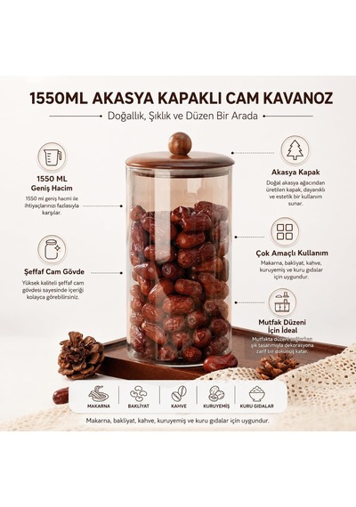 1550 Ml Akasya Kapaklı Cam Kavanoz, Şeffaf Cam Saklama Kavanozu, Ahşap Kapaklı Mutfak Düzenleyici, Makarna Spagetti Bakliyat Kahve Kuruyemiş Kuru Gıda Saklama Kabı Çok Renkli