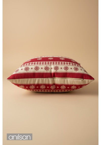 Geyik Desenli Çift Taraflı Kırlent Kılıfı - 45x45 Cm Yılbaşı Dekoratif Kırmızı - Beyaz