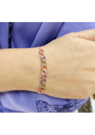 Oriental Kuyumculuk Jewellery Örgü Rose Renkli Taşlı Gümüş Bileklik Pembe